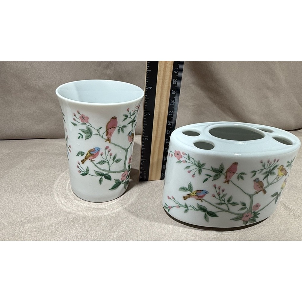 Vtg Jakson Midcentury Tropical Birds Toothbrush Holder Soap Dish Cup Tree Floral - Picture 14 of 15